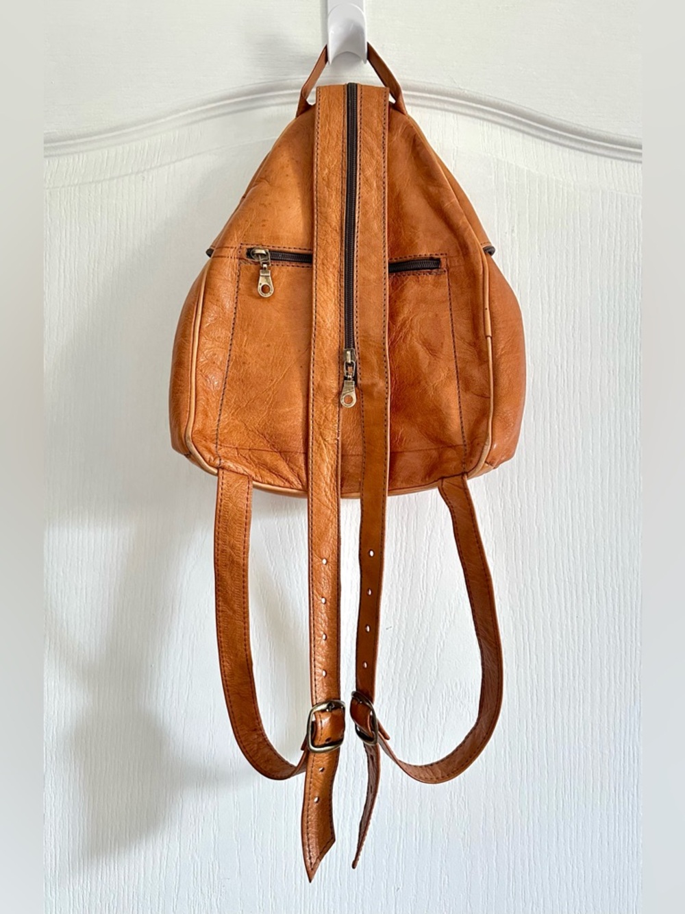 VINTAGE HANDMADE FULL GRAIN MOROCCAN BROWN LEATHER BACKPACK BAG - Picture 4 of 9